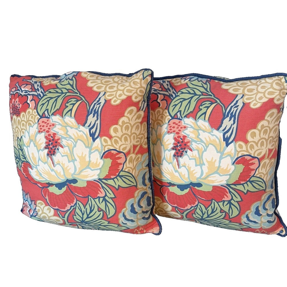 2 Thibaut Honshu Pillows + Down Inserts Coral & Green F975490 Contrasting Welt